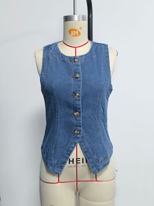 <span class=keywords><strong>Chaleco</strong></span> sin Mangas de Mezclilla Azul Vintage con Logotipo Personalizado, Estilo Francés Chic, Corte Entallado, Abotonado, Estilo Urbano, Detalle de Costura Lateral, <span class=keywords><strong>Chaleco</strong></span> para <span class=keywords><strong>Mujer</strong></span> - Product Image 4