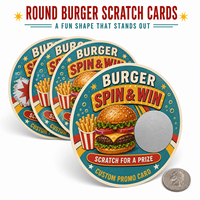 Pegatinas de tarjetas rasca y gana de alta calidad para juegos de premios con temática de hamburguesas, ideales para inauguraciones y promociones.