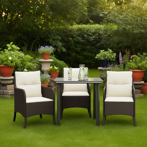 Ensemble de salle à manger de jardin 3 pièces en rotin PE marron avec housses amovibles, mobilier d'extérieur - Product Image 2