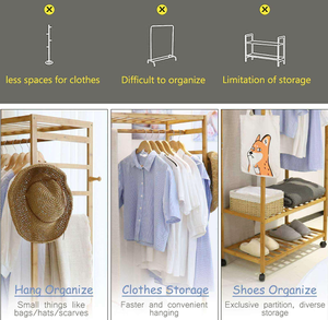 Nouvelle Armoire Portable en Bambou avec Porte-Vêtements, <span class=keywords><strong>Étagère</strong></span> de Rangement à <span class=keywords><strong>Roulettes</strong></span> et Range-Chaussures pour Chambre et Salon - Product Image 4