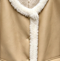 Veste courte chaude pour femme en similicuir jaune crème, col rond, boutons dorés, entièrement doublée en sherpa, coupe ample, vêtement d'extérieur d'hiver