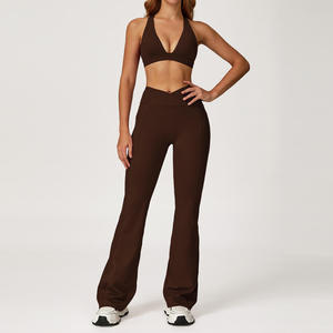 Ensemble de yoga col en V profond et dos nu, leggings évasés taille haute, longueur intégrale, sans couture, couleur unie, Spandex Polyester, 2 pièces - Product Image 5