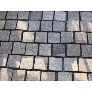 SHIHUI Natural Stone Black Granite Cube Brick Pattern Flamed Surface Split Edge Paving Stone Mesh Cobblestone Pavers For Road