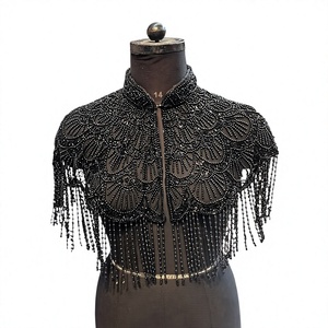 Haut de danse noir perlé pour femme avec franges et sequins, tenue de performance style tribal pour adulte, vente en gros - Product Image 1