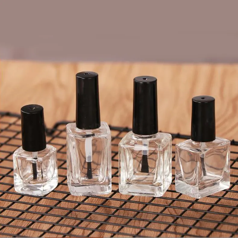 Bouteille de vernis à ongles gel UV vide en verre carré noir clair personnalisé 5ml 10ml 15ml emballage avec pinceau bouteilles de luxe logo personnalisé