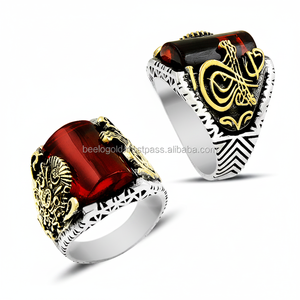 925 Sterling <b>Silver</b> Amber <b>Men</b> <b>Ring</b> Ottoman Tugra Design Gemstone <b>Rings</b> For Gift Anniversary Party - Product Image 2