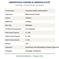 Aluminosilicate de sodium amorphe de qualité alimentaire, granulaire, calciné, adsorbant, pH 7 neutre, pour la rémediation de la couleur en phase liquide