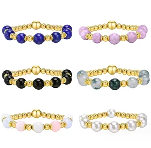Natural Stone Beads Bracelets 10mm Agate Hand string Gemstone 18K Gold Plated Stainless Steel Beaded Bracelets Women