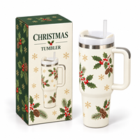 Gobelet isotherme en acier inoxydable à double paroi de 40 oz, sans BPA, écologique, avec paille et poignée, personnalisable, boîtes cadeaux de Noël, couvercle, 6-12
