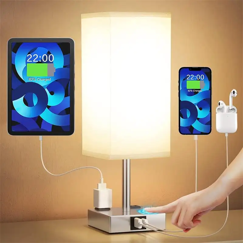 Двойная USB быстрая зарядка сенсорная трехскоростная Настольная лампа с плавным затемнением и деревянным основанием для гостиной
