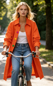 Manteau long décontracté pour femme, coupe ample, à revers crantés, couleur orange unie, style trench-coat, ouvert sur le devant, à manches longues, coupe-vent, idéal pour le bureau, vente en gros - Product Image 3