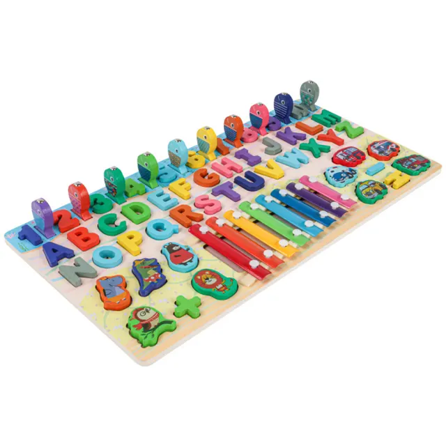 Wooden Multifunctional Children Busy Board Count Shape Colors Match Fishing Puzzle With Percussion