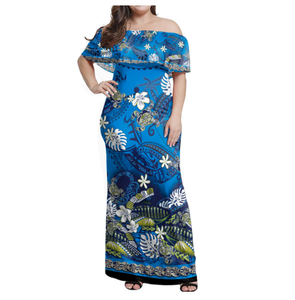 Vestido largo y camisa con hombros descubiertos combinados hawaianos personalizados Polinesia Floral y Islas tribales - Product Image 2