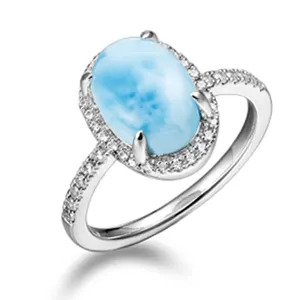 Bestselling Islands Traveling Gifts Style Oval Natural Larimar Blue Gemstone Ring 925 Sterling Silver Jewelry Ring