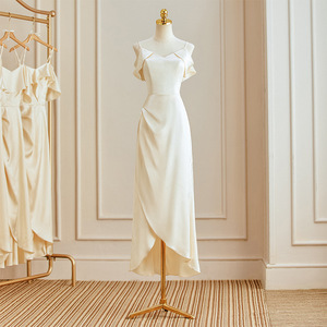 Champagne <b>Satin</b> Bridesmaid Dress <b>Halter</b> Neck Sheath Silhouette Natural Waistline Evening Gown - Product Image 4