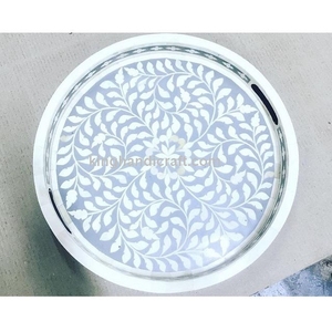 Plateau en bois flexible fait à la main avec incrustation de nacre, style bohème - Ramadan Eid Mubarak, plateau de service de luxe pour boissons et dattes - Product Image 6