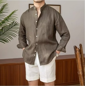 <span class=keywords><strong>Camicia</strong></span> Estiva da Uomo <span class=keywords><strong>Marrone</strong></span> a Maniche Lunghe, Casual, con Bottoni, Traspirante, in <span class=keywords><strong>Lino</strong></span>, con Colletto Rialzato, Antipiega - Product Image 1