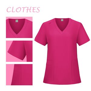 Women <b>Scrub</b> Top V-Neck Short Sleeve Pink Moisture Wicking Knitted Hospital Uniform - Product Image 1