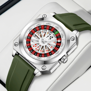 Montre pour homme de qualité supérieure, design unique avec cadran de roulette de casino, style jeu de cartes, montre-bracelet à quartz, bracelet en silicone doré - Product Image 3