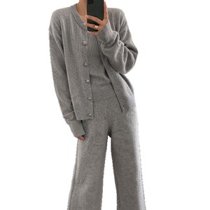 Women's <b>Knitted</b> Cardigan And Trouser Suit Grey Loose Fit Rhinestone Detail Autumn Winter Casual <b>Set</b> Smlxlxxl - Product Image 5