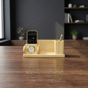 Organisateur de bureau en bois avec horloge, support pour téléphone, porte-stylos, fente pour cartes, personnalisation de la marque, taille standard, cadeau de bureau - Product Image 1