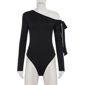 Body de un solo hombro Y2K, sexy, con lazo, manga larga, ajustado, de color sólido, básico, para mujer - Product Image 6