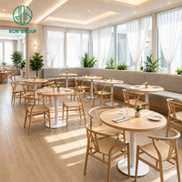 Juego de Muebles de Restaurante Modernos Personalizados Ron Group, Mesa Redonda de Madera, Silla de Madera Maciza, Asientos de Tela Gris en Forma de L