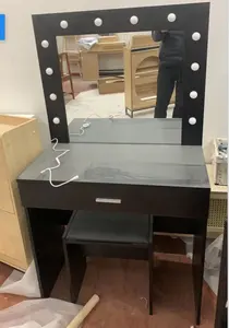 Simple Black Dressing Table Make Up Vanity Table With 12 LED Bulbs Mirror For Bedroom