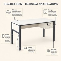 Bureau d'enseignant moderne convertible sur mesure avec cadre métallique et plateau en bois, table d'ordinateur de bureau avec tiroir pour salle de classe scolaire, durée de vie 3-5 ans