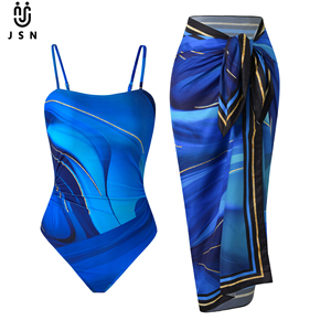 JSN 2026 Nuovo Set Personalizzato di Costumi da Bagno Coordinati, Costume Intero e Copricostume, Costume Blu Sfumato con Dettagli Dorati, Bikini Due Pezzi - Product Image 1