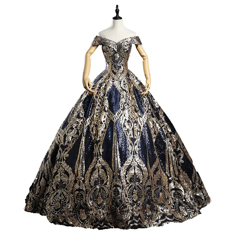 Robe de mariée européenne et américaine, jupe tutu épaule à épaule, robe de soirée dorée, livraison directe