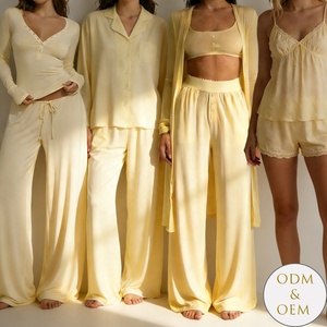 Ensemble <span class=keywords><strong>de</strong></span> pyjamas pour femmes écologiques personnalisés, en coton jaune et bambou, haut long en tricot, pantalon, cardigan, shorts, vêtements <span class=keywords><strong>de</strong></span> détente doux, pyjamas - Product Image 1
