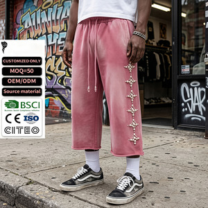 Pantalon de survêtement capri court Y2K personnalisé en coton French Terry délavé à l'acide et perlé, longueur genou 3/4, OEM - Product Image 1