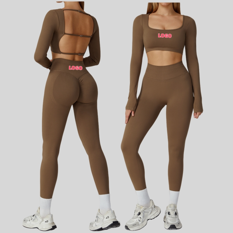 Long Sleeve Solid Breathable Women's Gym Suit Two-Piece Fitness Set with Quick Dry Lightweight Yoga Exercise Tracksuit