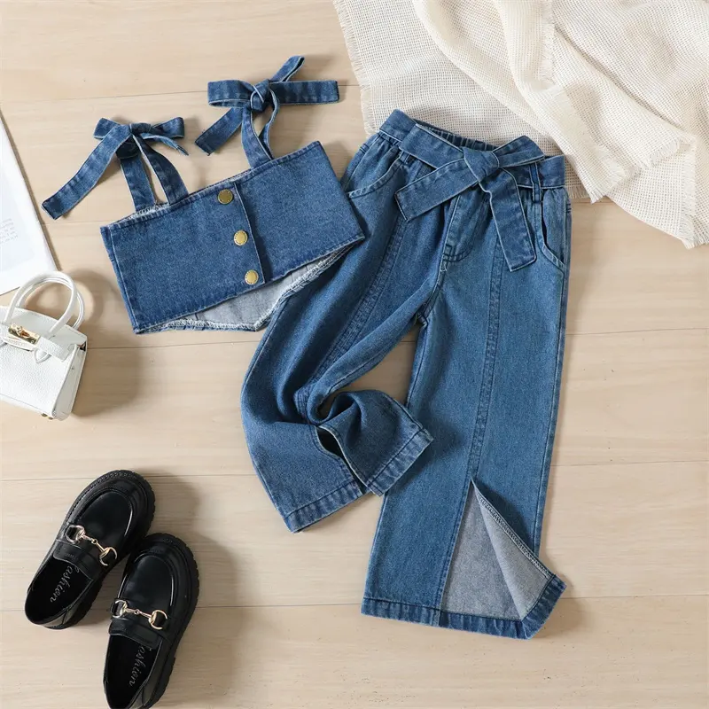 factory wholesale quality soft newest designs girls denim clothes sets for 2-8 years