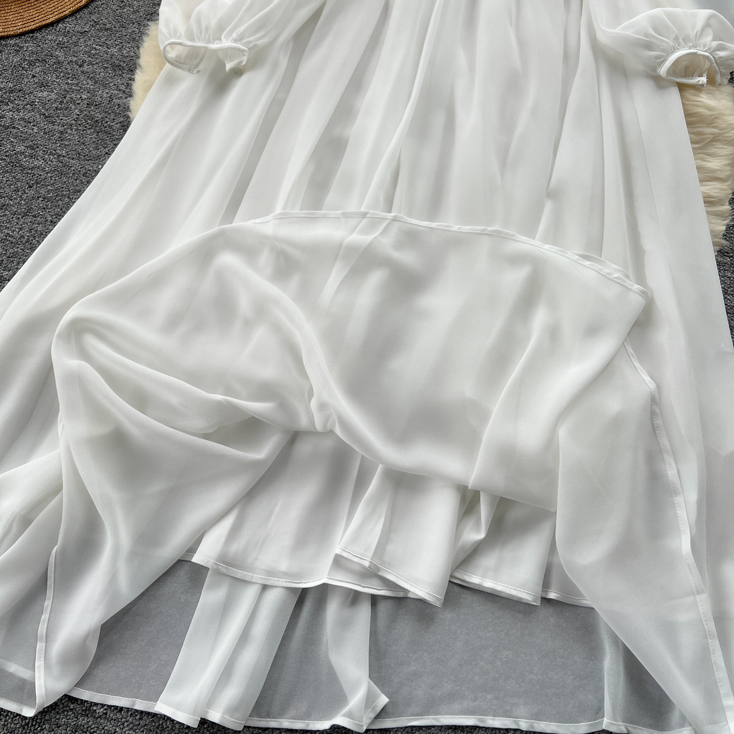 Casual White Puff Long Sleeve V Neck Chiffon Midi Dress for Women|  Alibaba.com