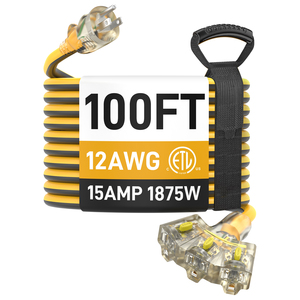 3 FT 12 Gauge SJTW Nema Outdoor Extension <strong>Cord</strong> 5-Outlet 15A <strong>Light</strong> Indicator Flexible IP65 Heavy Duty Waterproof Yellow - Product Image 1