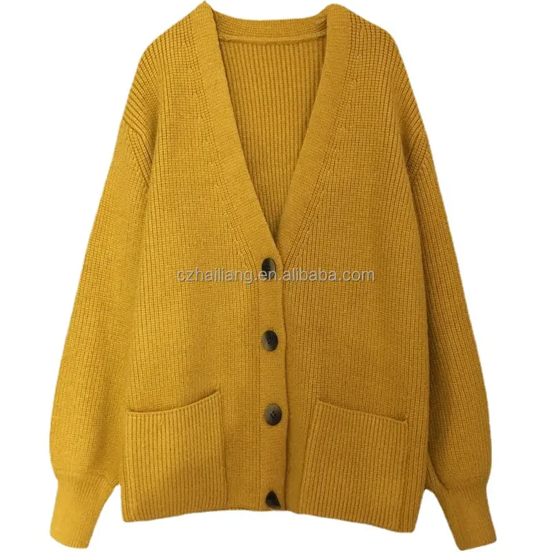 Cárdigans de punto con cuello de pico para mujer, suéter de punto liso, suelto, de una sola botonadura, informal, chaqueta, suéter de invierno