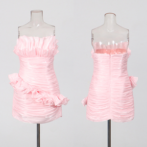 Elegant Pink Strapless <strong>Ruffled</strong> Mini <strong>Dress</strong> Women <strong>All</strong> Over Ruched Shiny Satin Strapless Club Night Out Cocktail <strong>Dress</strong> Wholesale - Product Image 2