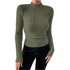 Haut en tricot côtelé mince élégant pour femmes avec t-shirt court décontracté à manches longues et pull de printemps polyvalent à <span class=keywords><strong>col</strong></span> montant - Product Image 1