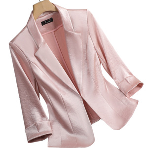 Women's Blazer Pink Solid Color Three Quarter Sleeve Casual Suit Jacket Breathable Polyester Fabric - Product Image 5