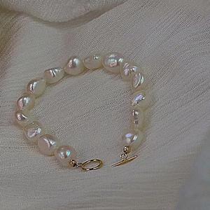 Bracelet en perles d'eau douce baroques 8-9 mm, blanc, forte luminosité, sans noyau, irrégulier, lisse, simple, tendance, bracelet manchette - Product Image 1