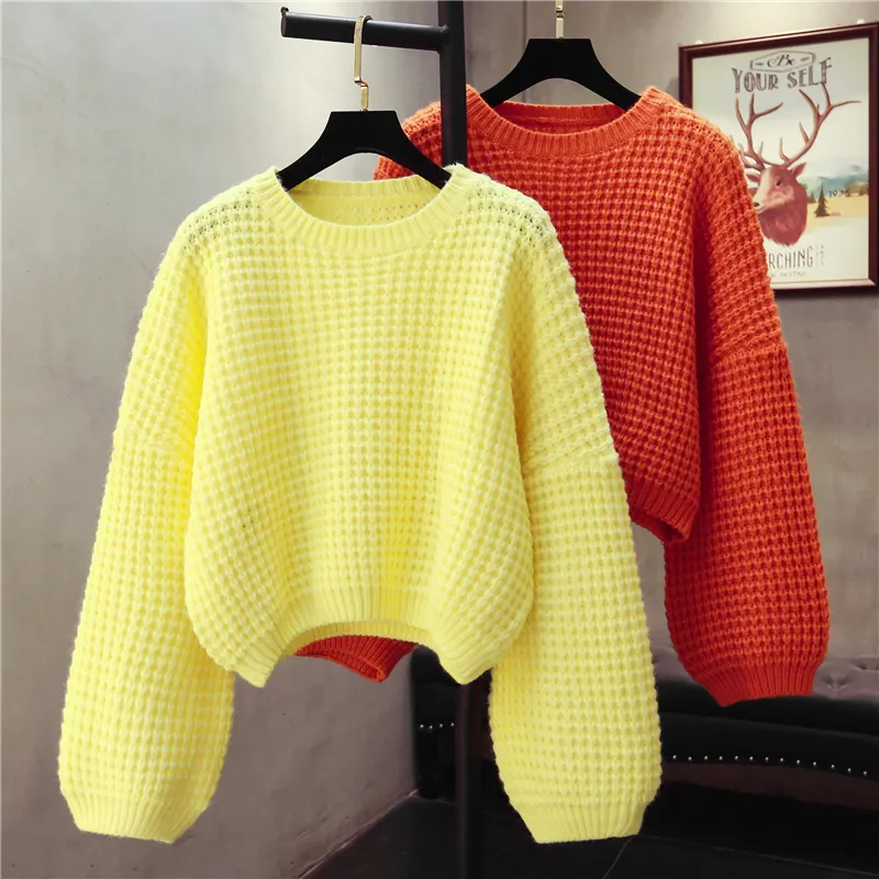 Women Pull Sweaters New Yellow Sweater Jumpers Candy Color Harajuku Chic Short Sweater Thick Women Clothing