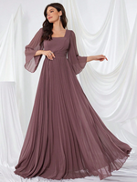 Robe de soirée formelle en mousseline de soie à col carré et manches longues pour femme, avec plis à la taille et fermeture éclair