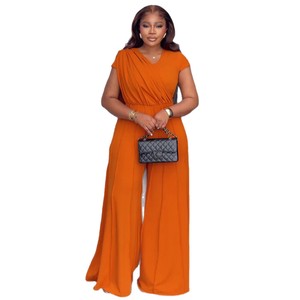 <span class=keywords><strong>Tuta</strong></span> Elegante da Donna Primavera 2026 Nuova Collezione <span class=keywords><strong>Arancione</strong></span> con Scollo a V, Dettagli Arricciati, Vestibilità Slim e Pantaloni a Gamba Larga - Product Image 5