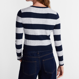 Cardigan en tricot torsadé rayé pour femme, col rond, boutonné, manches longues, pull court en tricot, personnalisable OEM - Product Image 3