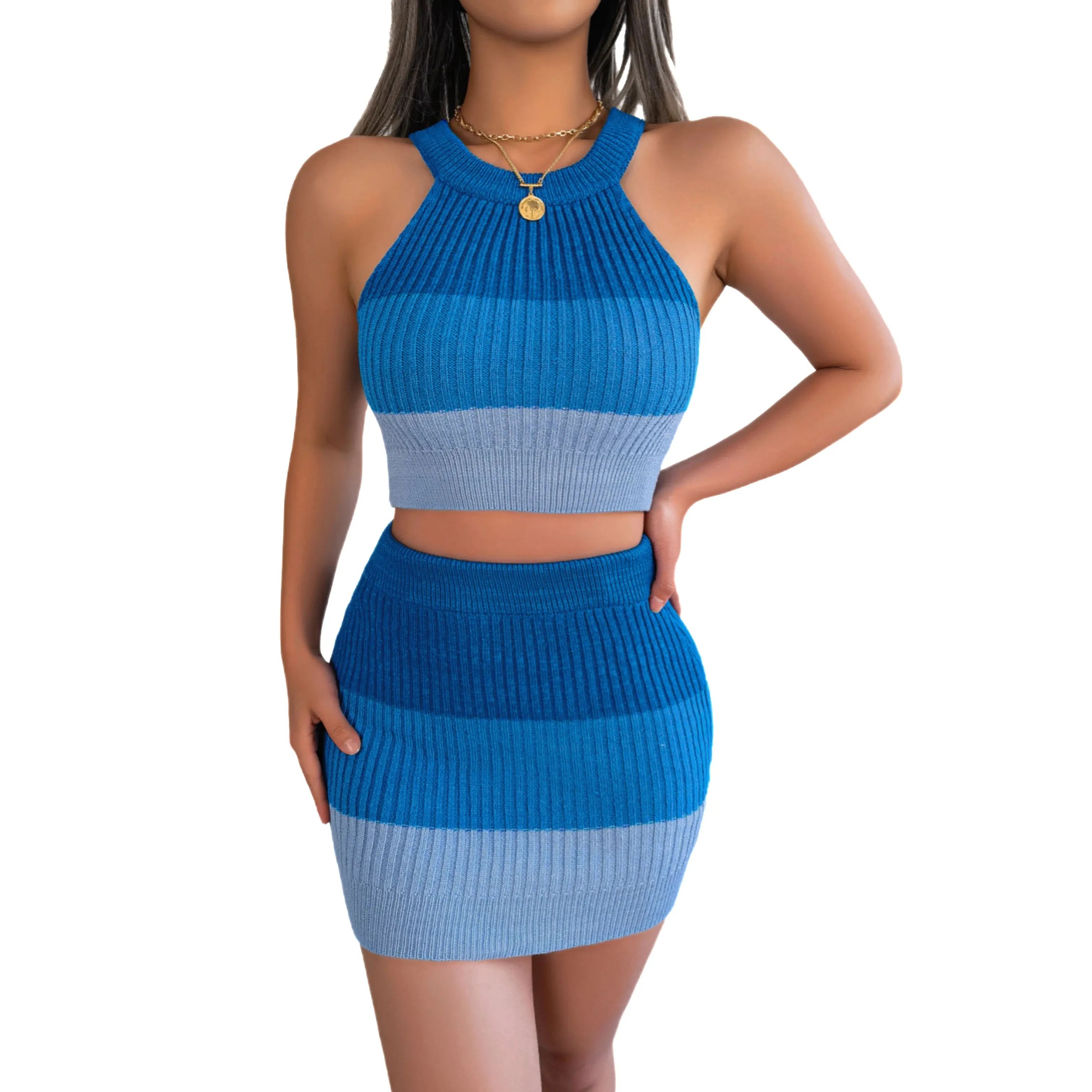 New Arrival Color Block Knitted Two-piece Set Crop Halter Top and Body-con Skirt Outfit Sweater suit for Women Clothing