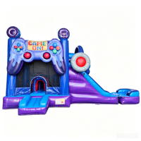 Structure gonflable commerciale d'extérieur, design machine de jeu, avec toboggan aquatique, piscine gonflable et zone de saut, pour fêtes