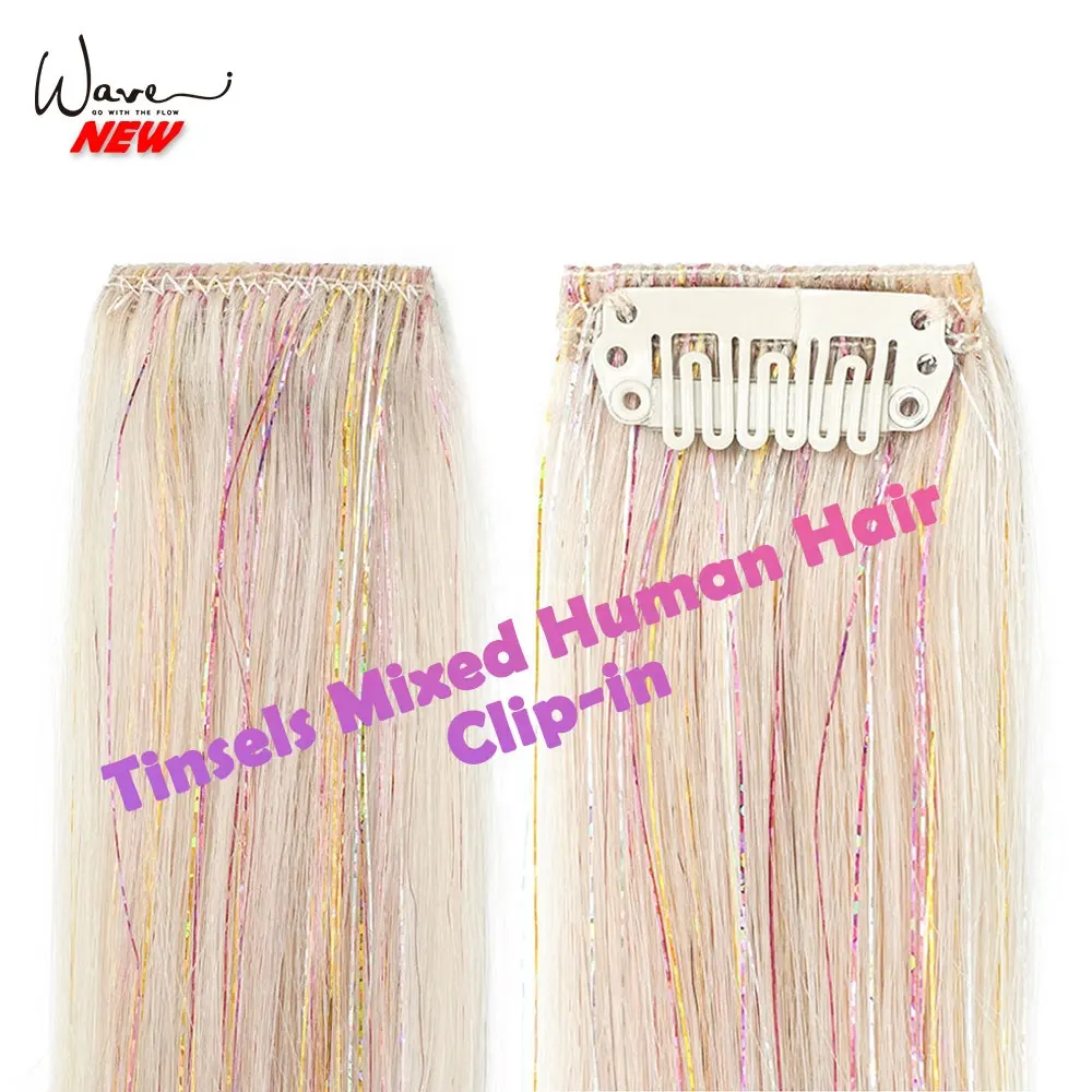 One Piece Synthetic Hair Tinsel Extension Glitter Colorful Laser Mixed Human Hair Clip-In Extension