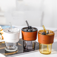 Tasses à café en verre borosilicate réutilisables à double paroi, anti-fuite, sans BPA, avec logo personnalisé, paille et manchon en cuir, compatibles micro-ondes et lave-vaisselle